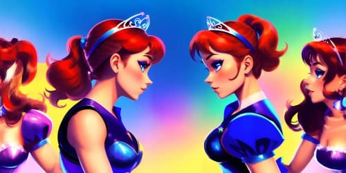 disney princesses wearing tiaras, squatting, arms behind head tying ponytails