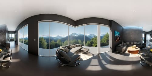 an open space lobby viewing the mountains behind tall glass walls. the room has been styled with modern furniture