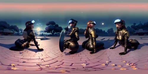 Anime-style, VR360 vivid technicolor skies, sakura blooms drifting, luminescent moon, scattered stars. Gargantuan moss-covered trees, delicate bridges in mid-distance. Foreground with crystal-clear water, pebbles beneath. Ultra high-res, painstaking detail, masterpiece, VR360 panorama.