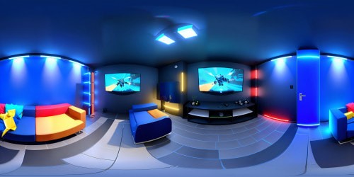 VR360: Ultra-realistic gamer room, high-tech console, wall-mounted screens, glossy finish, LED highlights. Couch, loveseat, VR headsets, gaming gear. VR360: Pixar-style animation, crisp outlines, vibrant colors, smooth textures, meticulous detail, top-notch lighting.