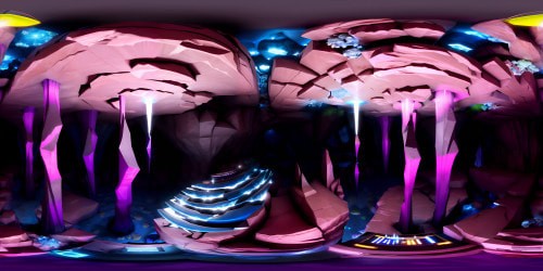 Masterpiece crystal cavern VR360, gleaming stalactites, stalagmites in ultra high-res. Cobalt blue lake, mirror-like clarity, central VR360 view. Mythical crystal growths, fluorescent minerals adorning cavern walls. Hyper-realistic style, radiant textures, intricacies of light refraction.