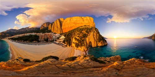 Incredible Mediterranean coast at golden hour, immaculate sandy beaches touched by crystal-clear waves, picturesque coastal town framed by majestic cliffs, beneath a sky ablaze with tangerine and lilac tones, all captured flawlessly in stunning ultra-high resolution.