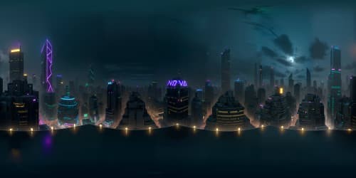 VR360 night cityscape masterpiece, high-res neon matrix, star-framed skyscrapers. Water reflections in VR360, pixar-style skyline, film noir chiaroscuro. Ambient luminescence, skyscraper giants, night's reign, intricate light-shadow dance, city labyrinth aesthetics.