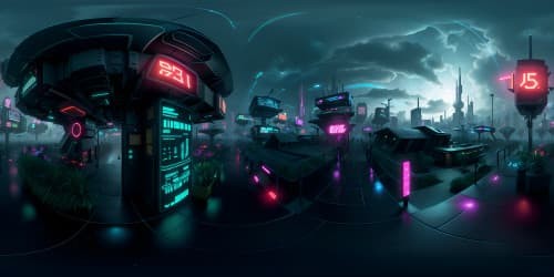 Top-notch quality, ultra-high-res VR360, vibrant neon metropolis. Advanced cyberpunk influence, expansive cosmic backdrop, star-sprinkled VR360 panorama. Immense interstellar architecture, super-detailed textures, enigmatic ET structures.