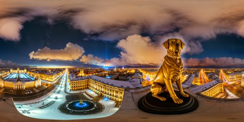 Glistening snowy streets of Saint Petersburg, colossal statues of menacing danger dogs guarding opulent palaces, intricate golden details under a crystal-clear starlit sky, ultra high res masterpiece capturing every icy detail flawlessly.