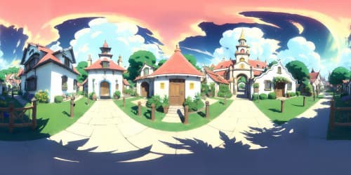 Ultra high resolution VR360, village square, dia de los muertos, vibrant marigolds, ornate sugar skulls, flickering candles, cobblestone paths. Masterpiece rendering, Pixar-style aesthetic.