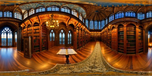 Immaculate medieval university library, adorned with intricate tapestries, towering bookcases laden with ancient tomes, softly glowing ornate chandeliers casting a warm, inviting light on polished wooden floors, intricate patterns in the Persian rugs, settled dust particles dancing in the sunrays filtering through stained glass windows, every book spine a whisper of knowledge waiting to be unraveled, an ultimate 8k high resolution rendering capturing every timeless detail.