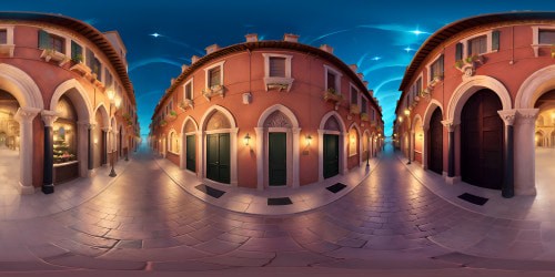 Venetian twilight, Piazza San Marco, illuminated archways. Gondolas bobbing on midnight sea, ornate bridges, VR360 baroque splendor. Byzantine mosaic silhouettes, lantern glow on cobblestone paths. VR360 view, ultra high-res, full masterpiece quality. Subtle blend Pixar-style, Renaissance-style.