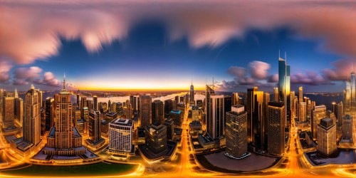 Vibrant cityscape panorama at golden hour, featuring majestic skyscrapers reflecting warm sunset hues, bustling streets below with shimmering car lights, and a flawless starlit sky above, creating a jaw-dropping view in extraordinary 66K resolution.