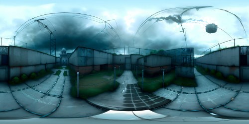 Imposing prison compound, mangled chain-link fences. Mossy, weather-beaten concrete walls. Collapsed watchtowers, rusted barbed wires. VR360 view of desolate landscape, ominous ominous gray skies. High-quality, digitally painted, Walking Dead-inspired VR360 atmosphere. Ultra-high-resolution, masterpiece level detail.