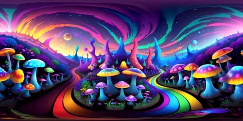 Psychedelic rainbow mushrooms, towering giants, twisting, turning, glistening radiant hues, ultra-high res masterpiece, infinite colors blending, merging. Autodesk Maya-style rendering, VR360 view. Reflective, crystal-like mushroom caps, star-like sparkles, surreal art vibe, VR360 immersion.