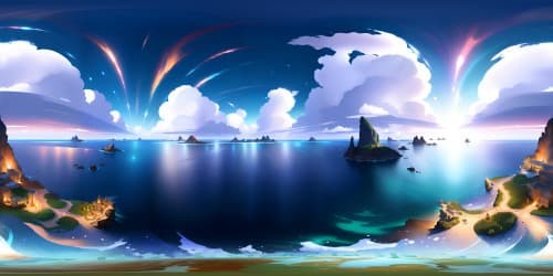 Masterpiece quality VR360, ultra-high resolution. Depth-charged open sea, aqueous prisms refracting light. A horizon where sea meets sky, kaleidoscopic sunset reflections. Watercolor-style, dreamlike fluidity, gentle interplay of colors, azure to amber gradients.
