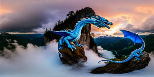 Sapphire blue dragon resting beside you on a cliff's edge, surveying a flawless panoramic view of snowy peaks, glistening waterfalls, and lush pine forests, vibrant dragons soaring elegantly through the colorful skies above in ultra-high resolution, a breathtaking masterpiece of unparalleled quality.