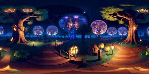 Ultra-high res treehouse, colossal ancient tree, VR360 view spanning branches. Intricate bark details, lush foliage, fantasy art style. Hanging lanterns, magical glow, night sky adorned with constellations, twinkling stars, ethereal moonlight. VR360 panorama, enchanted forest, seamless mesh of reality, fantasy.