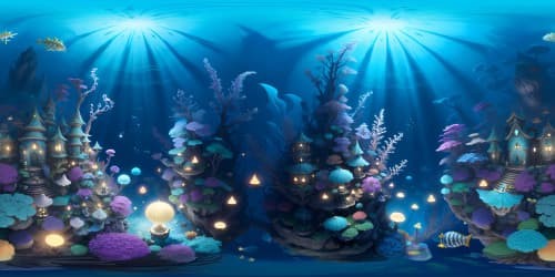 Masterpiece quality, ultra-high resolution VR360, Wonderland concept. Glistening underwater reef, colossal feathery seaweed. Playful swirls of luminescent plankton, fantastical fish, surrounded by a surreal aquatic ballet. VR360 scene, soft Pixar-style rendering.