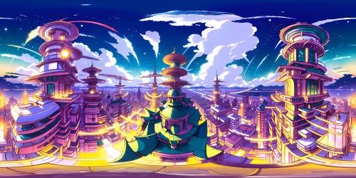 Anime-inspired VR360 artistry, masterpiece-level, ultra-high-resolution 3D visuals. Fantasy cityscape, multi-tiered structures, intricate ornamentation, radiant neon indications. Fantasy inclusions, gentle gradient use, dusk-infused sky, spectacular illumination. Rotational VR360 perspective of a grand, complex, vivid cityscape.