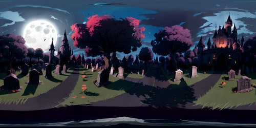 "Gothic castle silhouette, full moon's ominous glow, VR360 of misty graveyard, skeletal trees. VR360 experience, Lovecraftian horror, hyper-realistic style, unnerving shadows, grotesque statues, oil-painting texture."