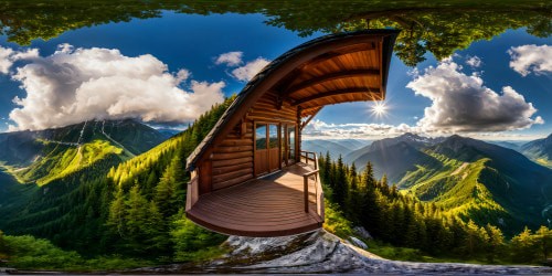 A flawless, ultra high-resolution depiction of a serene mountain cabin perched high above a lush green forest under the warm sunlight, casting mesmerizing shadows across the pristine landscape, capturing the essence of a perfect, picturesque day in exquisite detail.