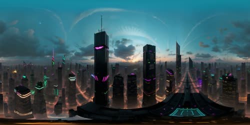 VR360 cyberpunk city, gleaming skyscrapers, neon-lit billboards. Ultra-high resolution, holographic projections, sleek monorails. Artistic masterpiece, densely layered, richly textured. Cybernetic style, VR360 panoramic view.
