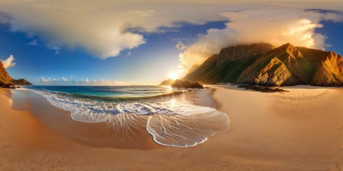 A majestic mountain rising from the edge of a pristine beach, golden sunlight kissing the rugged cliffs, foamy waves gently caressing the sandy shore, all rendered in flawless ultra-high resolution detail.