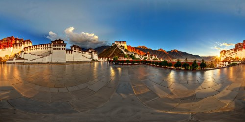 An immaculate, flawless view of the majestic Potala Palace in ultra-high resolution, intricate architectural details, vivid colors, golden sunlight casting long shadows, intricate textures on grandiose scale.