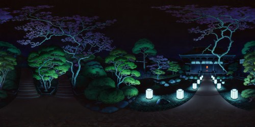A flawlessly crafted Edo period Japanese garden under the moonlight, meticulously manicured foliage bathed in cozy warm-toned ground lights and lanterns, creating a serene and enchanting atmosphere. Ultra-high resolution, depicting every intricate detail of the landscaped beauty.