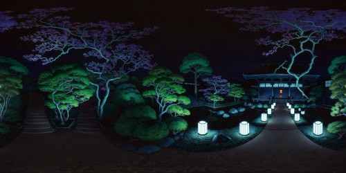 A flawlessly crafted Edo period Japanese garden under the moonlight, meticulously manicured foliage bathed in cozy warm-toned ground lights and lanterns, creating a serene and enchanting atmosphere. Ultra-high resolution, depicting every intricate detail of the landscaped beauty.