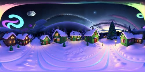 Masterpiece-quality, ultra high-res VR360 scene, quaint Christmas village, festive lights shimmering, snowy rooftops, ornaments adorning evergreen trees. Alpine backdrop, Christmas star in night sky. VR360 immersion into Pixar-style winter wonderland.