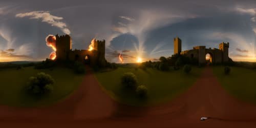 Masterpiece quality, ultra-high resolution, distant medieval castle silhouette in VR360 perspective. Intricate combat dance, no humans, blood-red sunset hues, engulfing darkness, vibrant fire reflections, smoky ruins of a village in VR360 panorama. Avoid explicit violence, focus on aftermath.