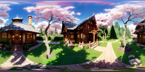 Asuna and Kirito's house at level 22 SAO, VR360 perspective. High ridge villa, intricately crafted, wood beam construction. Blossoming Japanese cherry trees, vibrant and overwhelming. Crisp, ultra high-res fantasy art style, intricate detailing, glowing magic-infused realm. Surrounding forest, ethereal atmosphere, VR360 panorama. Translucent floating islands, cascading waterfalls, twinkling stars. Lush, tranquil, vivid colors in VR360.