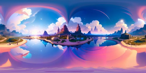 Ultra high-resolution VR360 views, myriad colors, masterpiece, grand expanses. Stunning contrasts, vibrant hues, diverse textures. Soft pastel fantasy style, immersive, interactive VR360, elegant, majestic.
