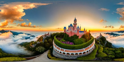 A majestic princess's castle shrouded in mystique, flanked by elegant felines in luxurious gardens, ornate balconies, shimmering spires, cascading ivy, and a dreamy pastel sunset backdrop, ultra-high resolution.