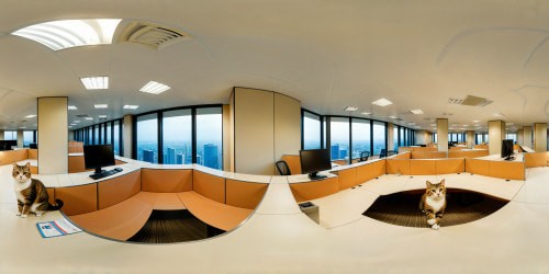 A cat running on top of a cubicle wall in an office building.