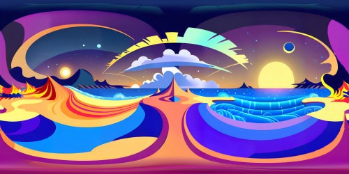 Glistening sea at twilight, undulating waves, horizon kissing cobalt sky, VR360 grandeur. Flaming sunset backdrop, melting hues of gold, orange, purple, Van Gogh style swirls. Star-speckled, moonlit zenith, VR360 grandeur. Ultra high-res, masterpiece touch to details.