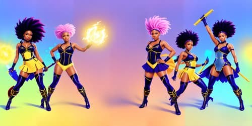 five african american women wearing leotards and thigh high boots. two of the women have dreadlocks. one woman is carrying a yellow hammer like thor.