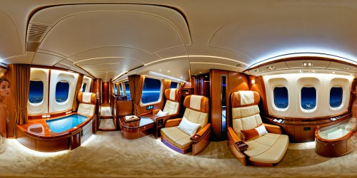 A luxurious, flawlessly detailed first-class private cabin interior within a lavish airplane, showcasing opulent leather seating, polished oak accents, ambient soft starlight, extravagant crystal chandeliers, and plush velvet textures, resembling an exquisite, 5-star hotel suite high above the magical city lights at night.