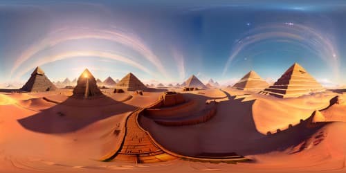 VR360 Egyptian pyramids grandeur, ultra high-res, expertly crafted hieroglyphs. Majestic sphinx in the foreground, ethereal sunset hues. Pixar-style VR360, meticulously detailed light-shadow dynamics. Golden twilight sky, rich, tactile textures. A masterpiece spectacle, layering ancient mystery, quality exceptionally high.