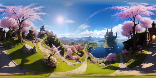 Ultra-high-res VR360 scene, masterpiece quality, cherry blossom trees, pink petals cascading, a flock of origami birds in flight. Pixie dust trails left by ethereal fairies, luminescent in twilight. Aesthetic - romantic anime, delicate detailing, subdued color palette.