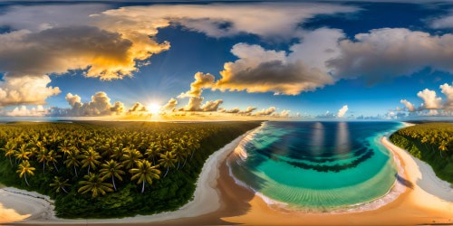 A pristine tropical oasis with perfect golden shores, azure waters, and swaying palm trees under the brilliant sunshine; ultra high resolution capturing every detail down to the shimmering reflections on the tranquil surface.