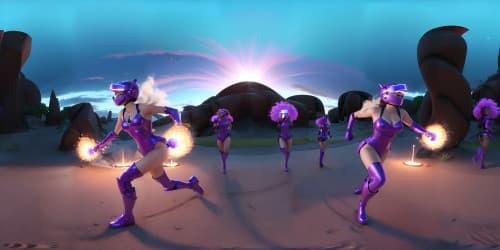 five african american women wearing leotards and purple thigh high boots_they are running into battle_one of them has dredlock_the leader is carrying a large flaming axe_