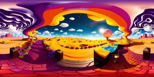 Masterpiece quality, ultra high-resolution VR360, blistering huge sun, molten hues swirling, vast sprawling desert landscape, exquisite sand dune texture. Digital painting style,