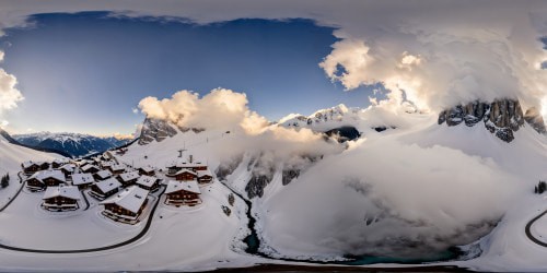 A flawlessly detailed, picture-perfect snowy alpine village nestled among towering peaks, intricate chalets adorned with icicles, smoke billowing from chimneys against a crystal-clear snowy landscape, under a crisp, azure winter sky.