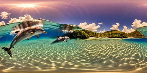 A pristine, flawless underwater paradise teeming with vibrant coral reefs, dazzling rainbow schools of fish, and majestic dolphins leaping through crystal-clear turquoise waters, captured in ultra-high resolution detail.