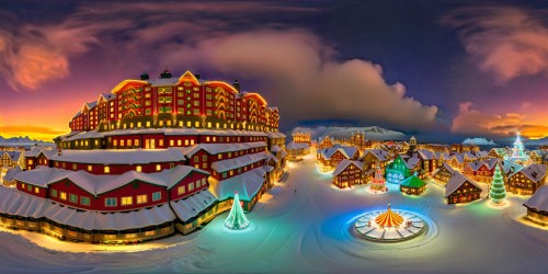 A flawless, ultra high-res portrayal of a bustling Christmas village at the North Pole, with enchanting snow-capped rooftops adorned with colorful red, blue, green, and yellow festive lights, snowflakes swirling in the air, and a radiant depiction of Santa's workshop in stunning detail.