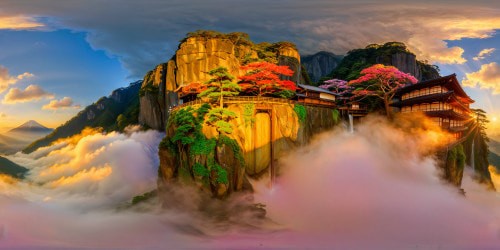 Peer through a meticulously crafted, ultra-high-resolution portrayal of Japan; at third-story height, gazing through a secluded aperture amidst lush, mist-kissed hills at dawn. Soft pink and yellow hues dance as the rising sun cascades light, while distant birds soar through the serene, uplifting ambiance.