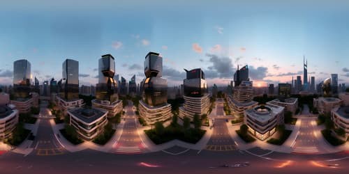 Grand VR360 cityscape, dusk light, skyline filled with architectural wonders, glowing skyscrapers. Ultra high-res, painterly touch, modern masterpiece inspired, best quality. VR360 view, illuminated city, remarkable skyline.
