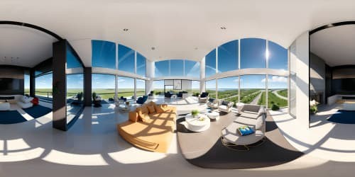 VR360 of expansive modern lobby, towering glass walls, grand mountain view. Minimalist furniture, polished surfaces. Style: Photorealistic, ultra-high resolution, modern aesthetic.