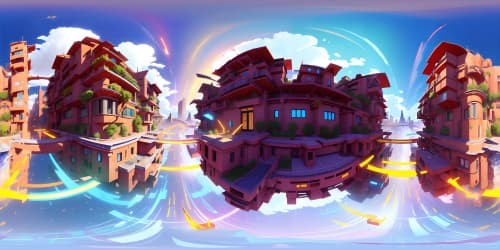 Masterpiece VR360, ultra high res, Flash in CW style - vibrant streaks, cityscape blur, kinetic energy arcs. Style: hyper-realistic, detailed textures, vibrant colors. VR360 view, high-speed sensation.