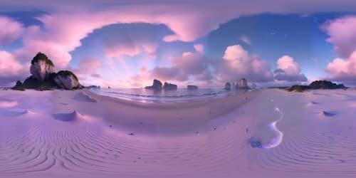 VR360 panorama, ultra-high-resolution textures. Sand grains glistening, sea foam bubbles, crystal clear water patterns. Tranquil beach, scattered seashells, distant silhouette of islands. Sunlight dancing on water, surreal sunset hues. Masterpiece of digital painting, subtlety in color blending, realism meets fantasy.