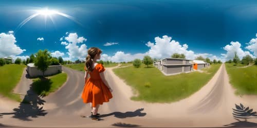 a little girl doll in orange short dress with ponytail, vr. in a blue sky